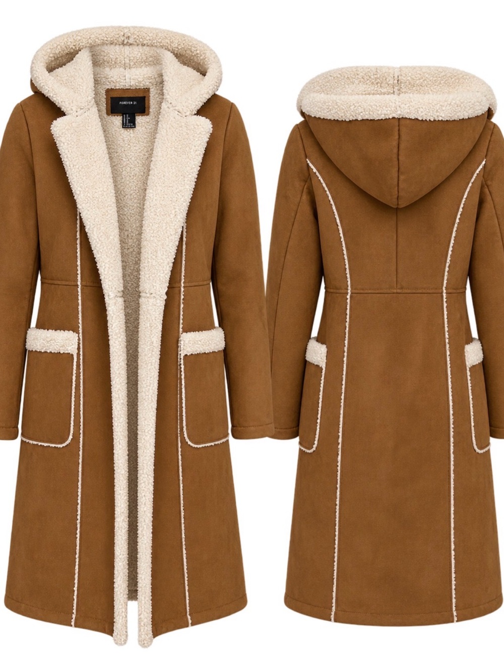 Forever 21 Brown Faux Suede Sherpa-Lined Hooded Coat